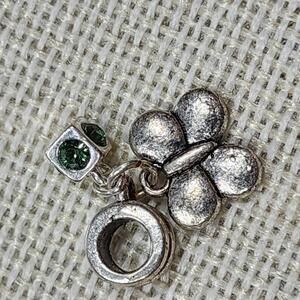 Silver Butterfly Charm with Green Gem Accents